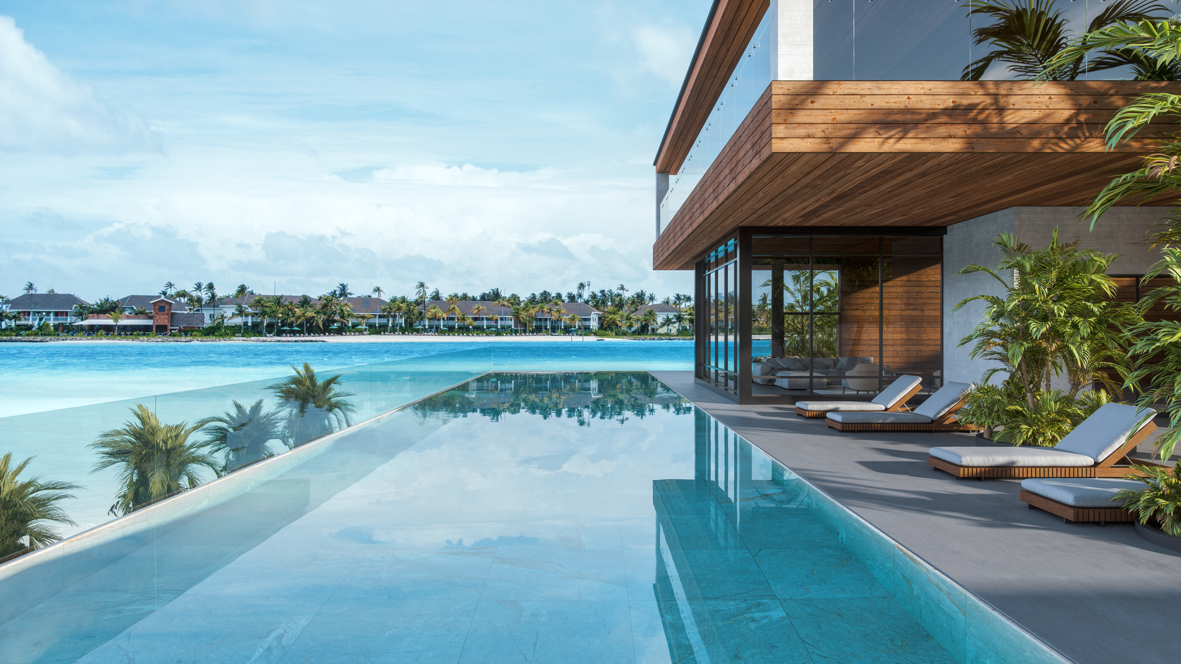 Modern luxury home with pool overlooking water