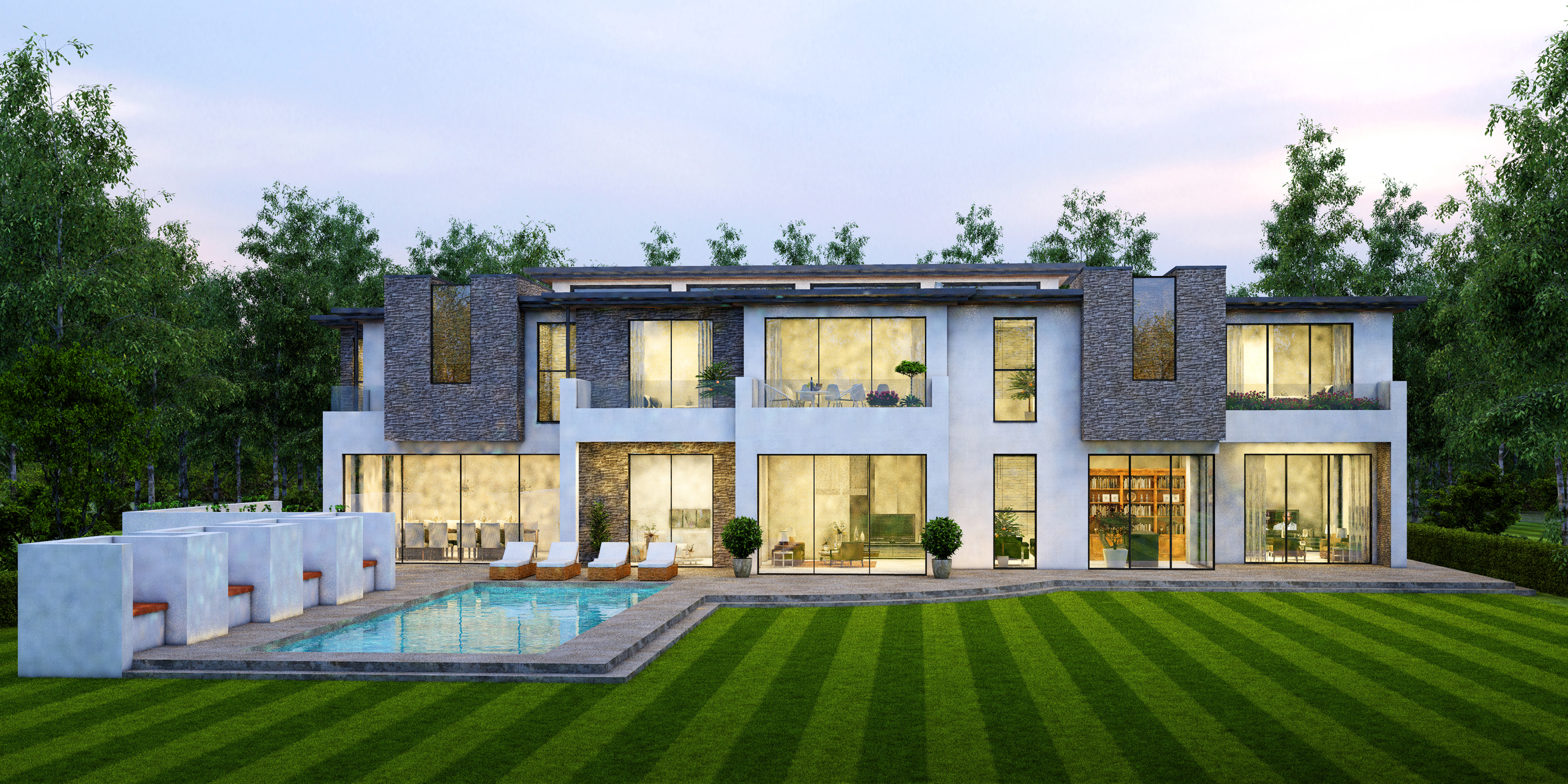 Contemporary two-story home at dusk with pool and yard